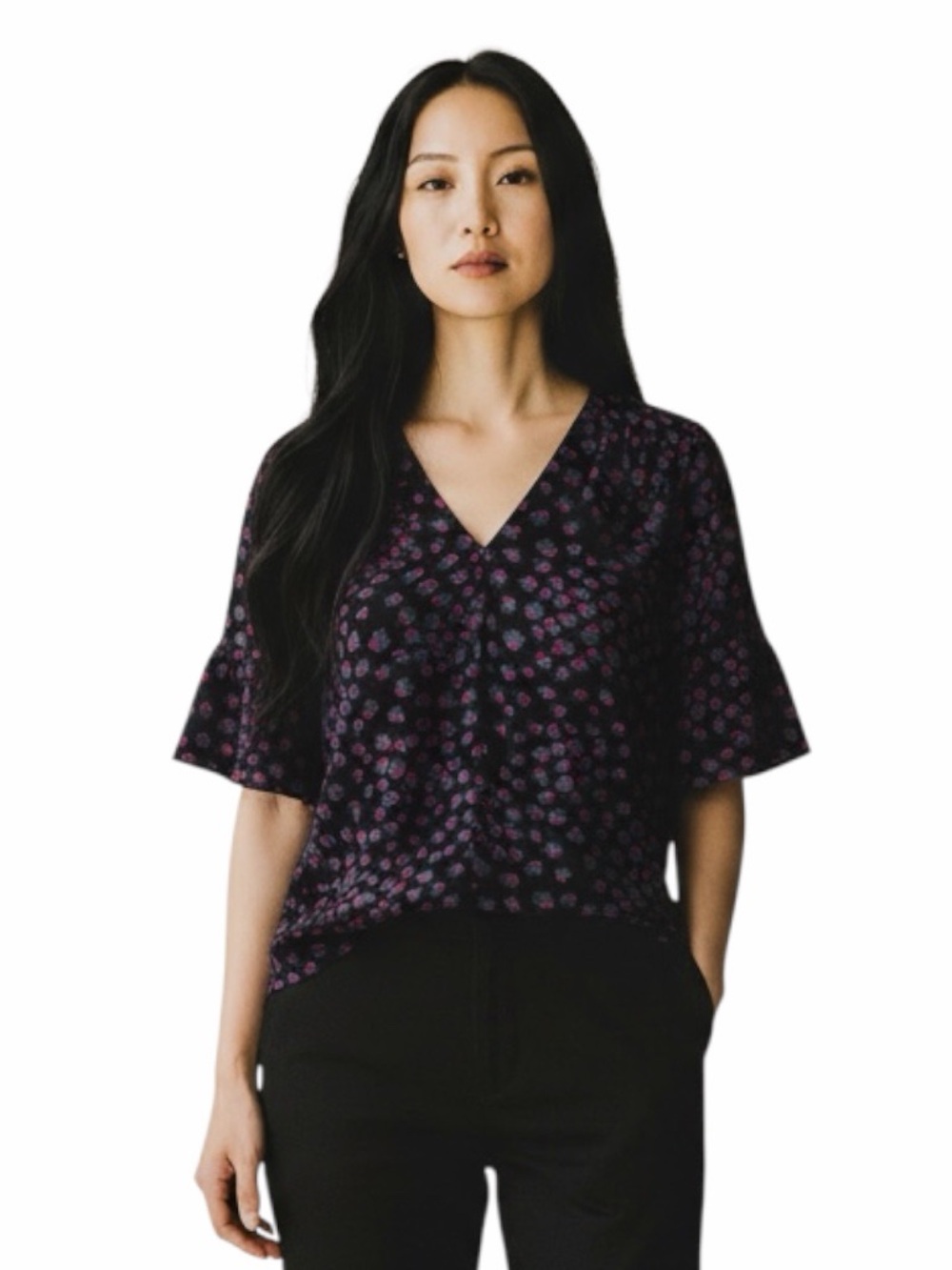 Rebecca Taylor Silk Floral Blouse 6 Navy V Neck